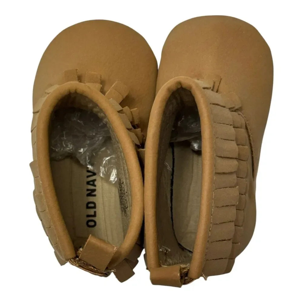 Old Navy Baby Moccasin Booties 3-6 Months Tan Brown Faux Suede Fringe NWT